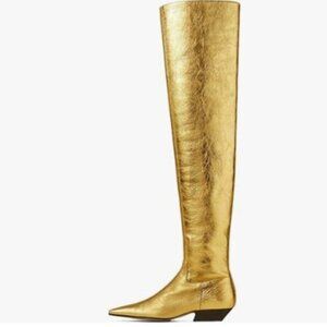miss left Women  Square Toe Over the Knee Boots Wide Calf Low Thick Heel Gold